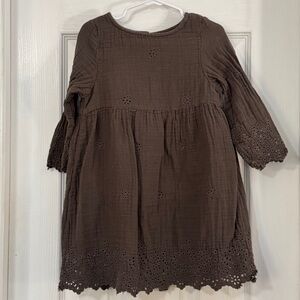 Rylee + Cru Girl Brown Eyelet 100% Cotton Dress with Scalloped Hem Long Sleeve